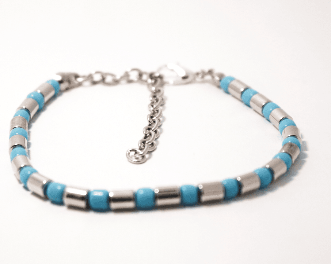 Elegant Turquoise & Silver Beaded Bracelet with Adjustable Chain