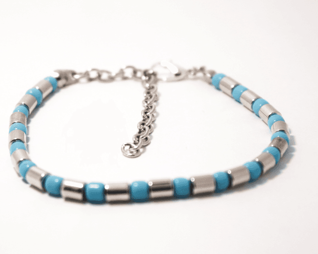 Elegant Turquoise & Silver Beaded Bracelet with Adjustable Chain