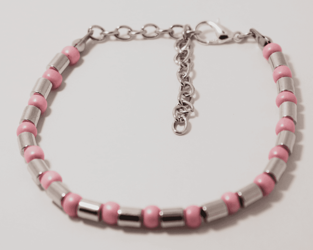 Elegant Pink & Silver Beaded Bracelet with Adjustable Chain
