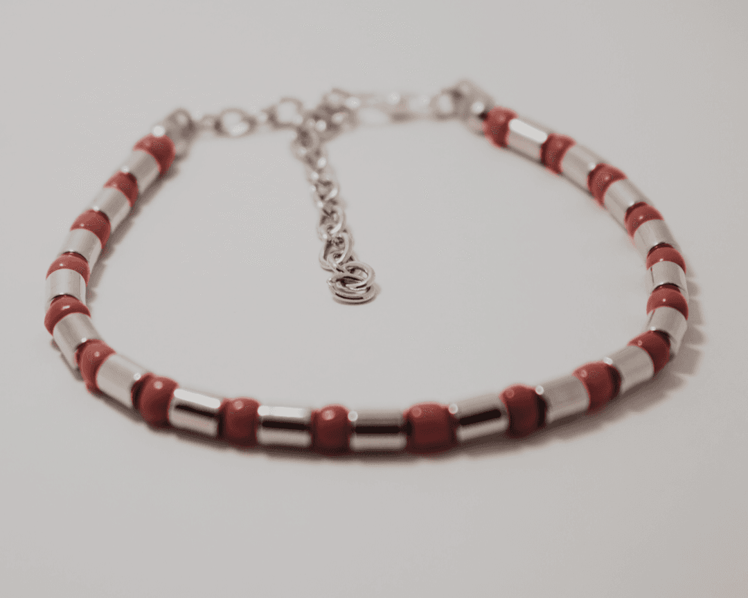 Elegant Red & Silver Beaded Bracelet with Adjustable Chain
