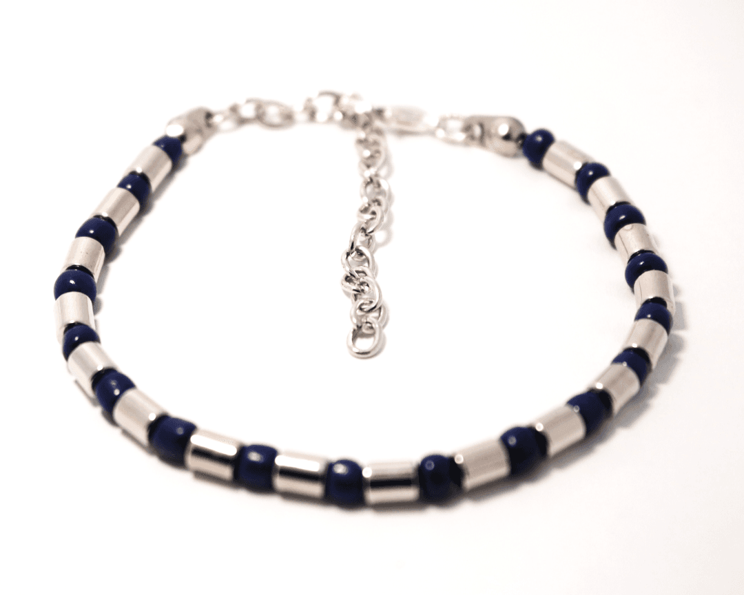 Elegant Dark Blue & Silver Beaded Bracelet with Adjustable Chain