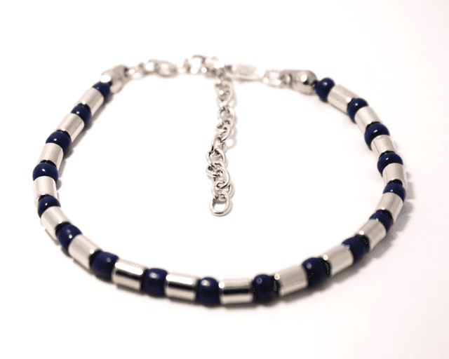 Elegant Dark Blue & Silver Beaded Bracelet with Adjustable Chain